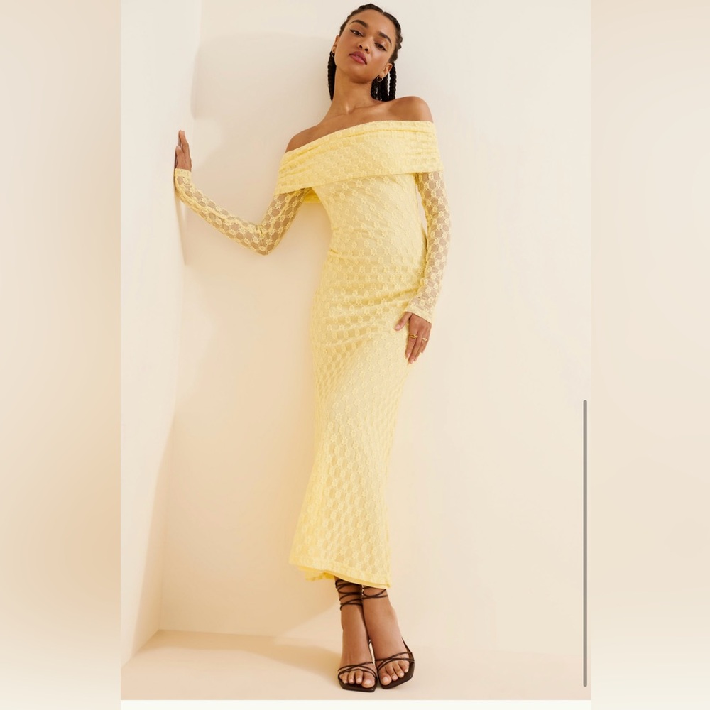 Off-Shoulder Lace Maxi Dress in Pale Yellow